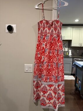 Red and White Smocked Maxi Dress with Spaghetti Straps